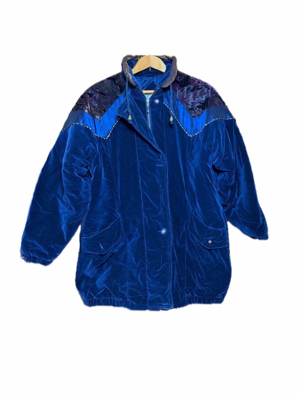 Blue Velvet Women's Coat with Contrast Yoke